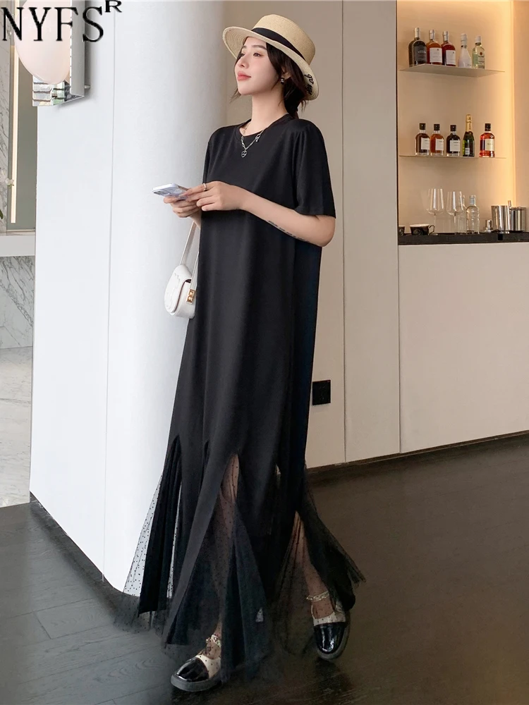 NYFS 2026 Koreanischen Stil frauen Sommer Lose plus Größe Kleid Kurzarm Patchwork Mesh Fischschwanz Lange Robe elbise