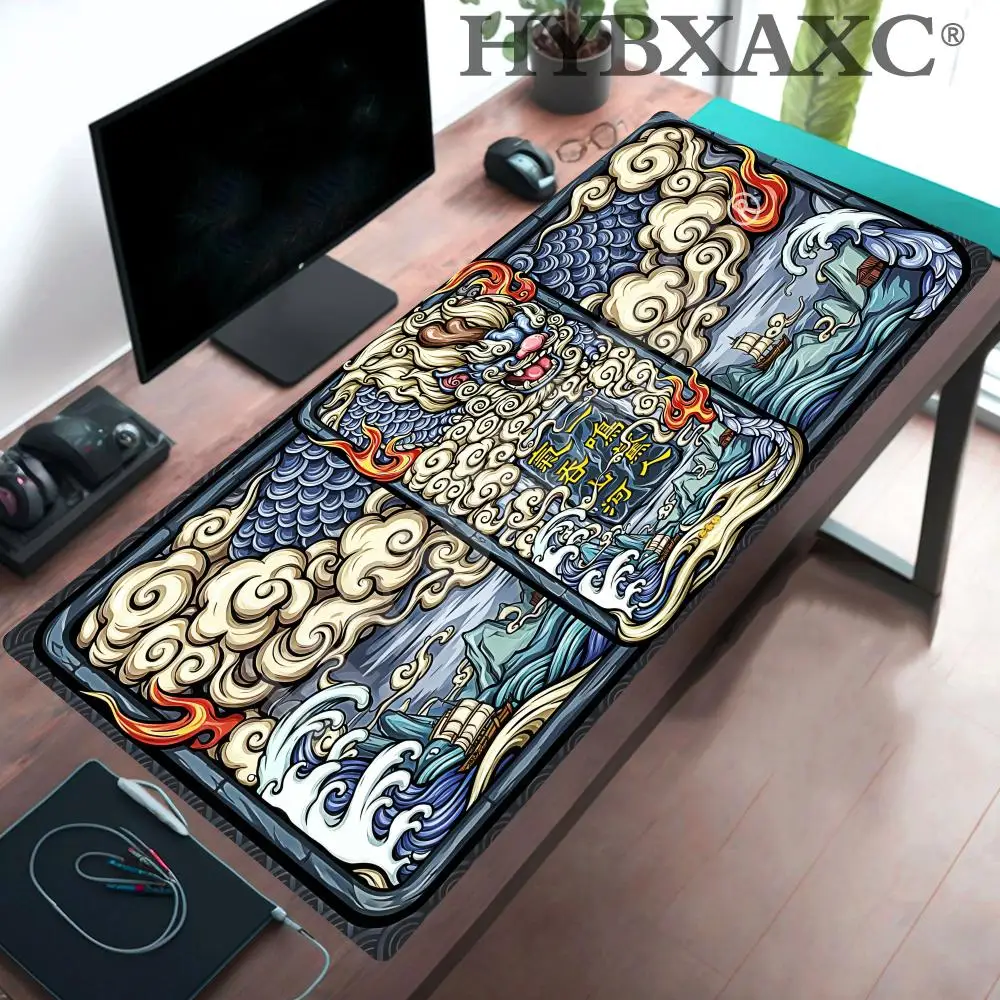 

HYBXAXC Rubber Non-slip Mouse Pad Gaming Desk Mat Thick Locking Edge Chinese Mythical Beast Wave Style for Office & Gaming