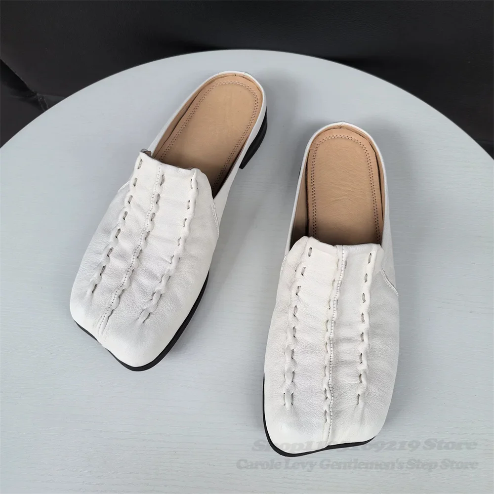 Summer New Genuine Leather Sandals Men Washed Suede Retro Handcrafted Stitched Thick Heel Unisex Slippers Slip On Mules