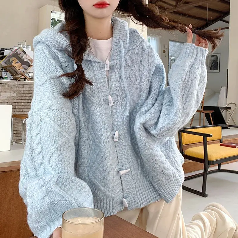 Autumn Winter Bull Horn Button Hooded Sweater Cardigan Women Blue Long Sleeve Knitted Coats Casual Loose Jackets New Tops Female
