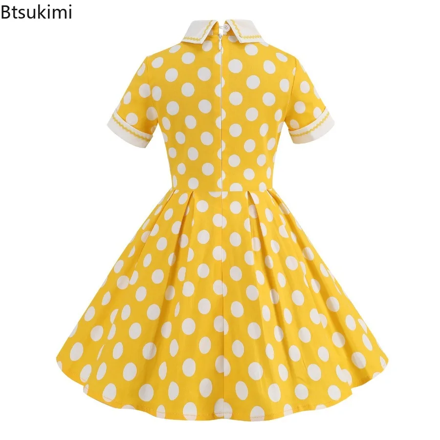 2025 Vintage stijl kindermeisje stippen dagelijkse verjaardagsjurk zomer kraagvorm korte mouwen swing prinsessenjurk
