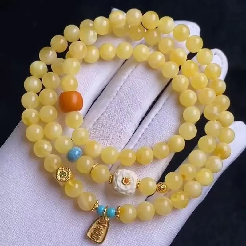 Natural Amber White Flower Chicken Oil Yellow Three-Circle Bracelet 6.5Mm Rich Wax Texture Paired With Turquoise