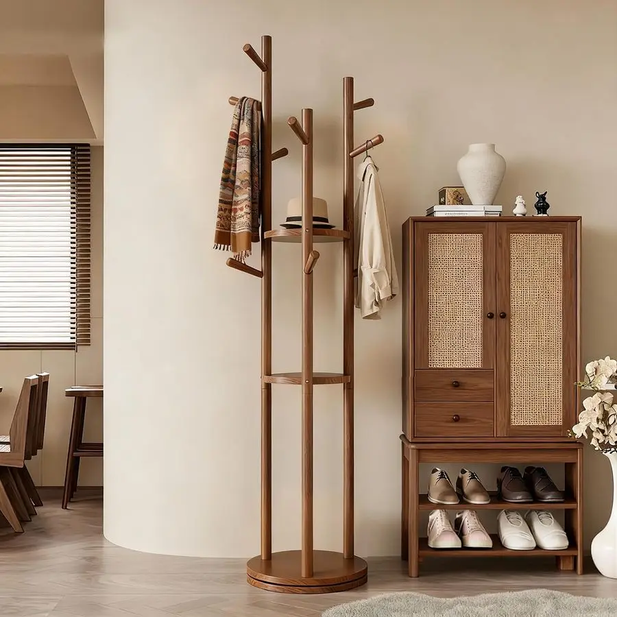 

Wood Rotary Coat Rack with 3 Shelves and 9 Hooks, Freestanding Coat Rack,Coat Hanger Stand for Bedroom, Entryway, Livingroom,