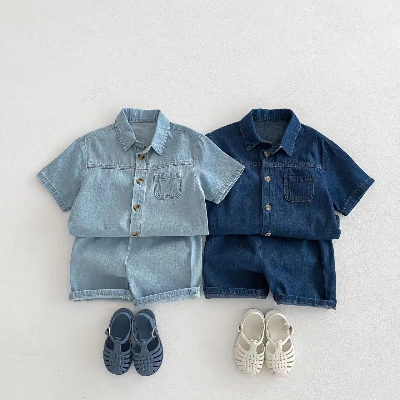 

2026 Summer New Children Short Sleeve Clothes Set Boys Girls Lapel Denim Jacket + Shorts 2pcs Suit Toddler Loose Jeans Outfits