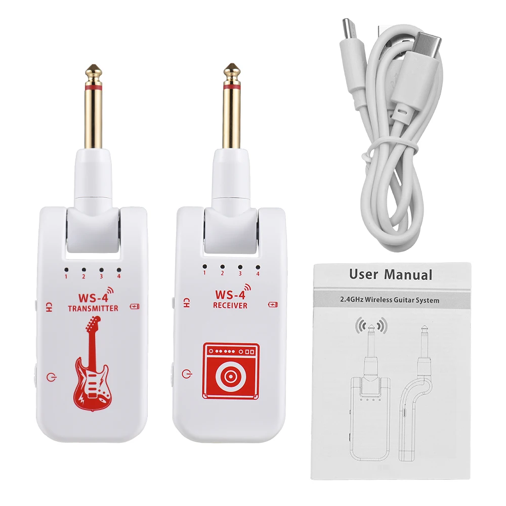 2.4G WS-4 Wireless Guitar System Guitar Transmitter Receiver Set for Electric Guitar Bass 48K/16bit Real-time Transmission