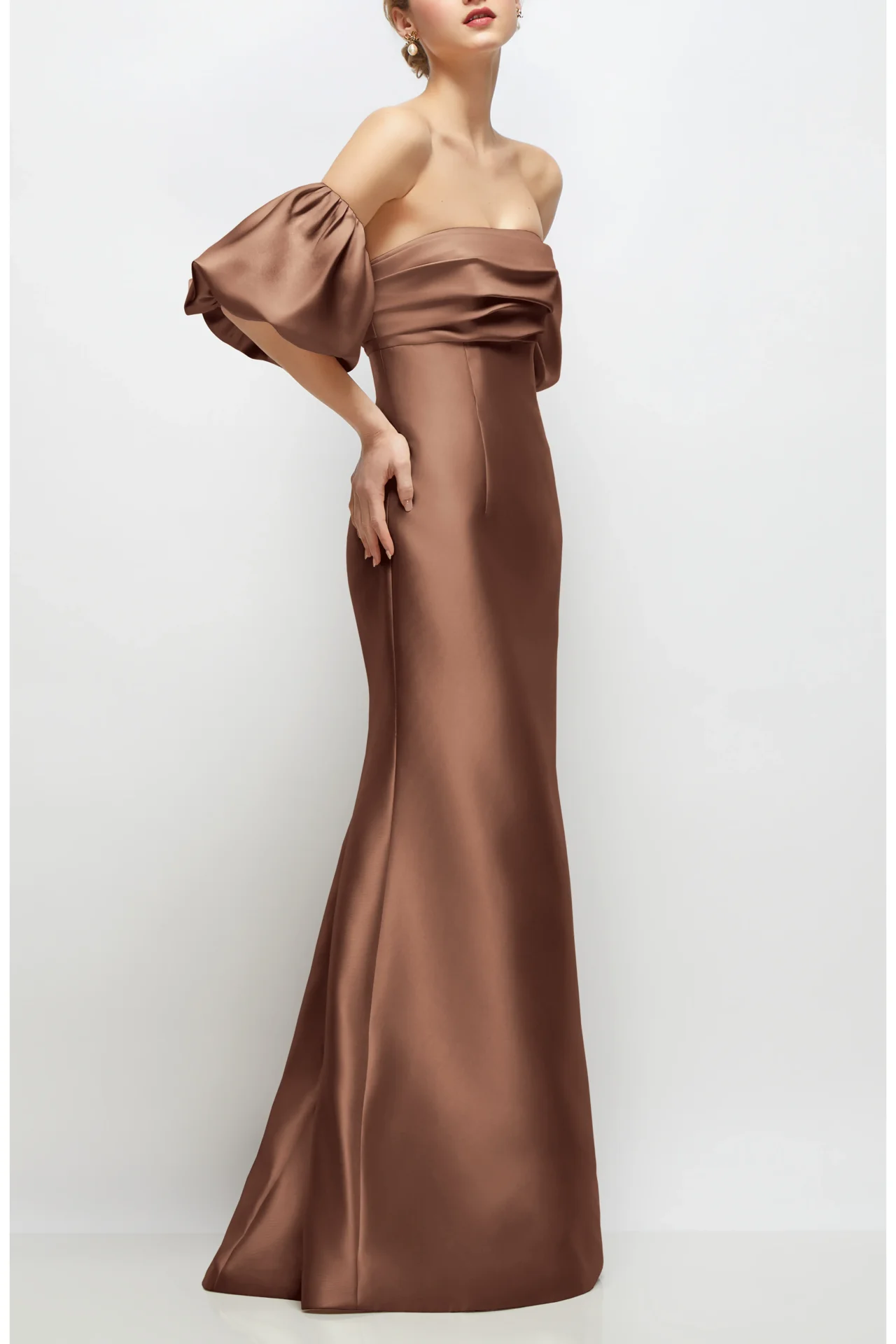 High Quality Customized Dark Brown Satin Strapless Puff Sleeve Maxi Dress Mermaid Formal Evening Gown for Women Prom Dress فستان view 3