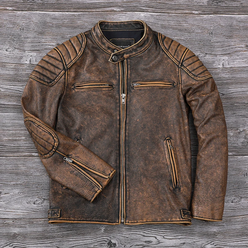 

Vintage Distressed Top Layer Cowhide Corium Coat Men Stand Collar Corium Moto Jackets Spring Autumn High Quality Calfskin Jacket