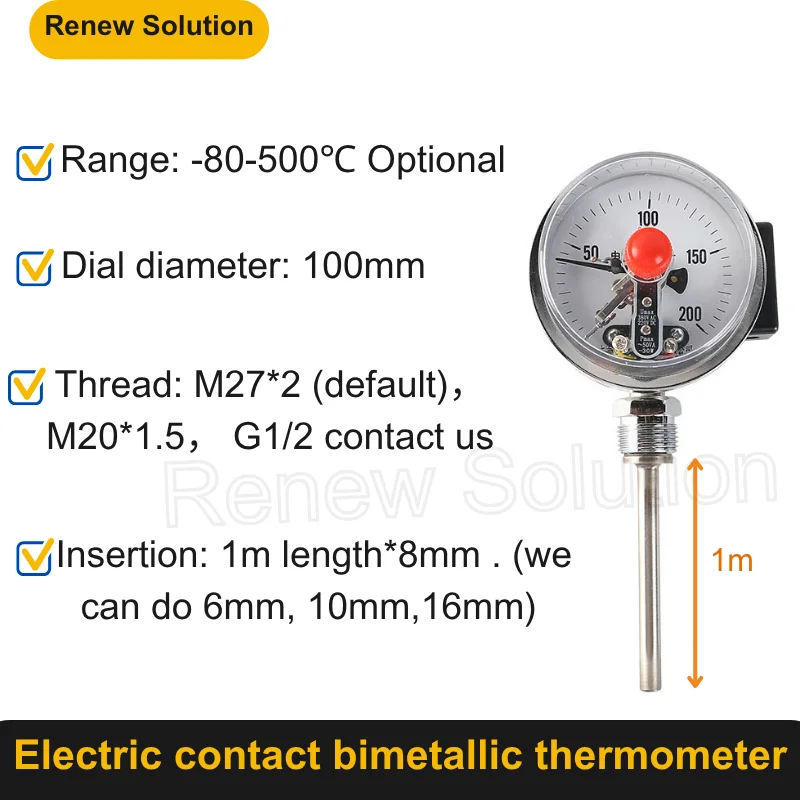 

100mm Electric contact bimetallic thermometer with upper and lower limits stainless steel pointer boiler pipe industry