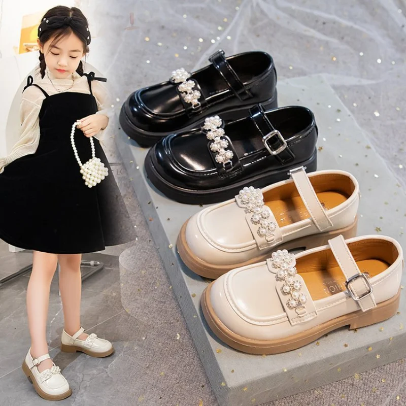 2022 Children Leather Shoes Fashion Party Girl's Flat Shoes Black White Dress School 23-36 Toddler Kids Mary Janes Princess Shoe