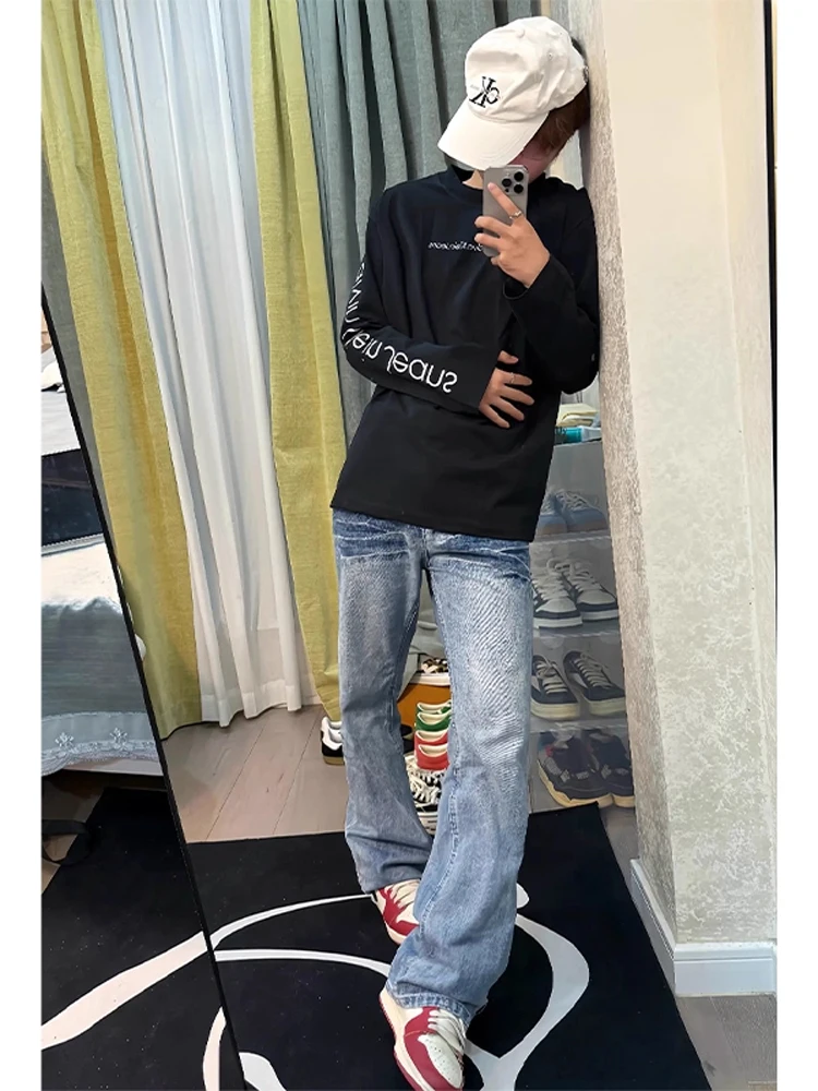 

Blue Waed Lightning Pattern Men's Jeans High Street Vibe Straight Leg CleanFit Flared Pants Wear Resistant Casual Jeans