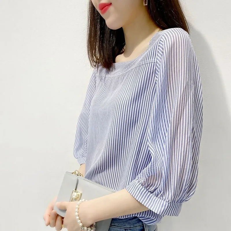 Fashion Loose Printed Striped Blouse Female Clothing 2023 Summer New All-match Casual Pullovers Tops Office Lady Chiffon Shirt