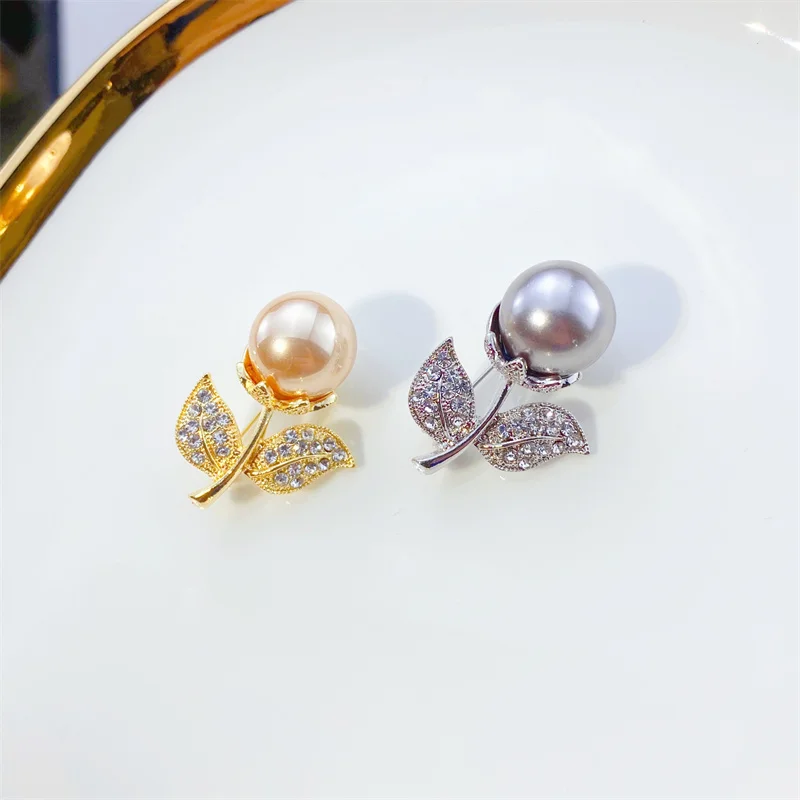 Vintage Imitation Pearl Leaves Brooches Pins New Crystal Flower Brooch For Women Fashion Jewelry Party Clothing Accessories