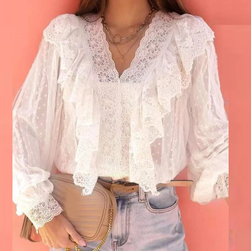 Autumn Women Long Sleeve Lace Blouses White V Neck Sexy Shirts For Women Elegant Ruffle Design Blouses Spring