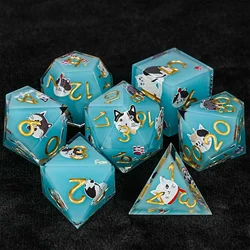 1-7Pcs DND Cyan Blue Solid Resin Black White Kitten Cat Dice Set Multi-sided Polyhedral Dice for D&D COC Role RPG Table Game