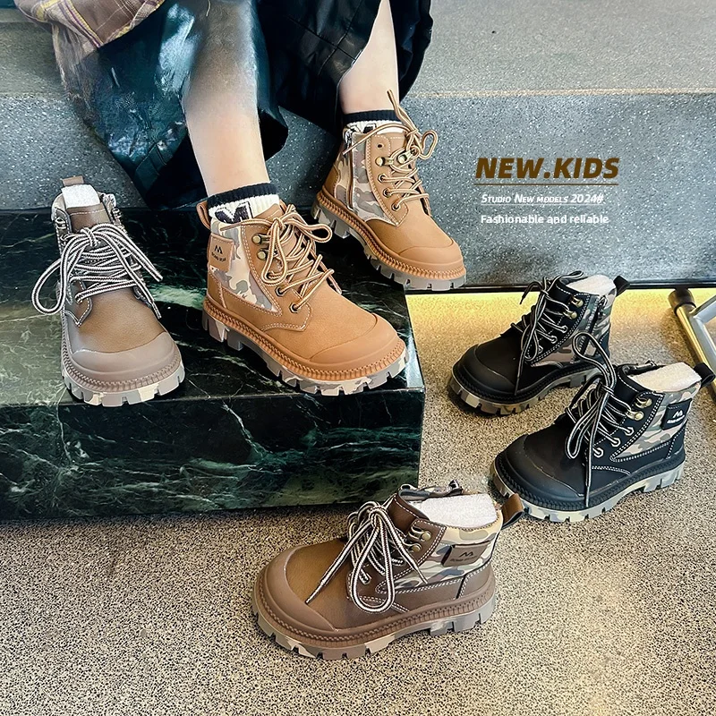 Girls Boys Ankle Leather Boots with Zipper Lace Up Outdoor Hiking Waterproof Anti-Slip Durable Combat Bootie for Kids