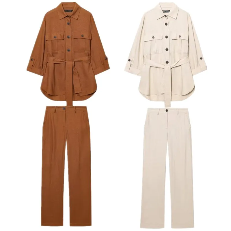Nuevo Conjunto de Verano 2025 para Mujer, Csa de Caza de Lino y Plones a Media Cintura, Modelo 3075, Atuendo Versát...