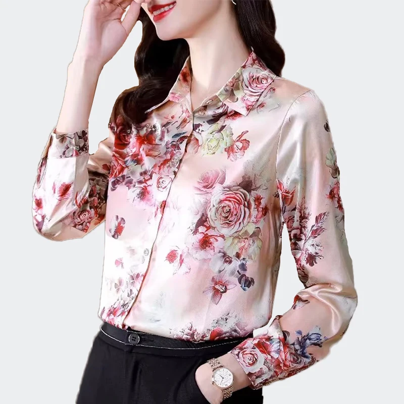 

New Fashion Satin Blouses Women 2025 Casual Outwear Shirts Chic Floral Printed Womens Tops Elegant Clothing