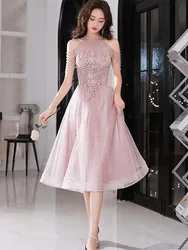 Pink Dress Women's Summer New Hanging Neck Solid Color Lace Beaded Mid-length A-line Skirt Elegant Female Clothing M144