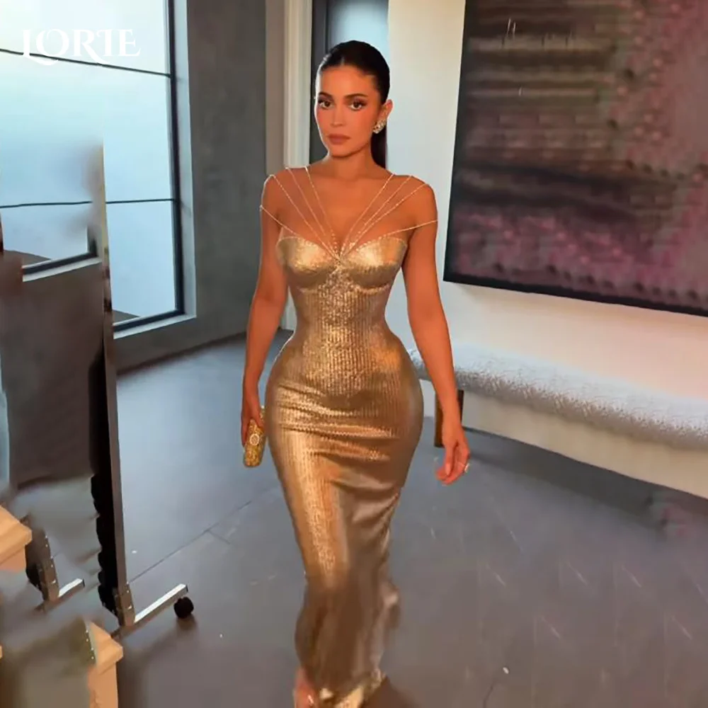 LORIE Modest Crepe Evening Dresses Elegant Spaghetti Straps Slit Corset Mermaid Arabia Prom Gown Sequins Party Dress Customized