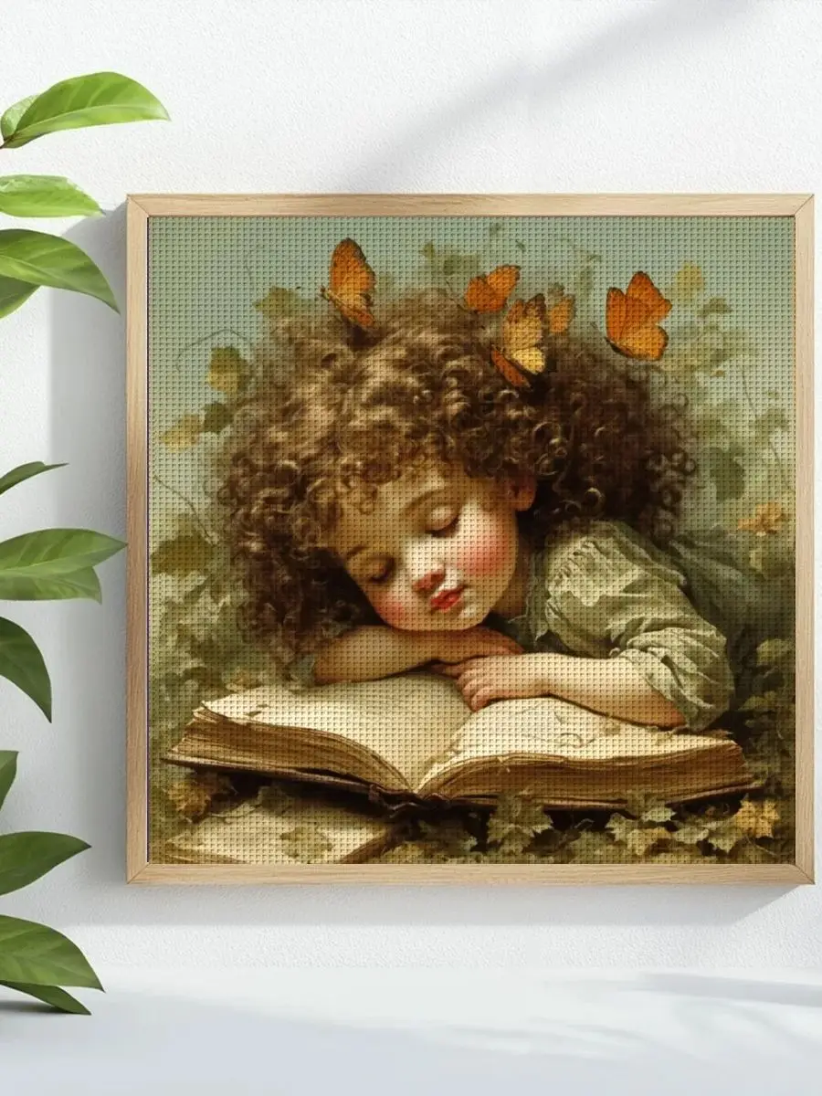 1 Stück 40x40 cm/15,74 Zoll Mädchen-Stempel-Kreuzstich-Set DIY-Set 11CT/14CT DIY-Stickerei-Set DIY-Kreuzstich-Set Wandbild – Detail 1