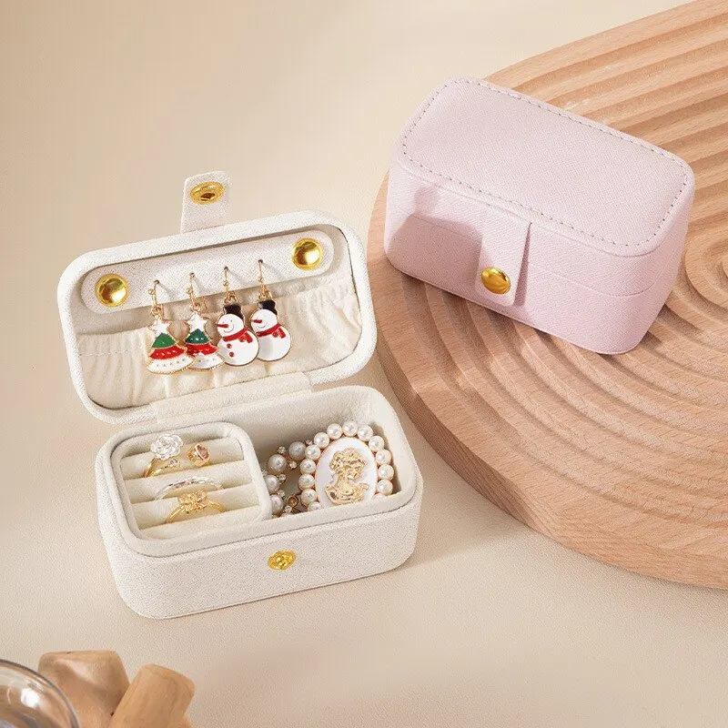 Mini Portable PU Leather Jewelry Box Travel Snap Earrings Ring Necklace Organizer Small Compact Jewelry Case