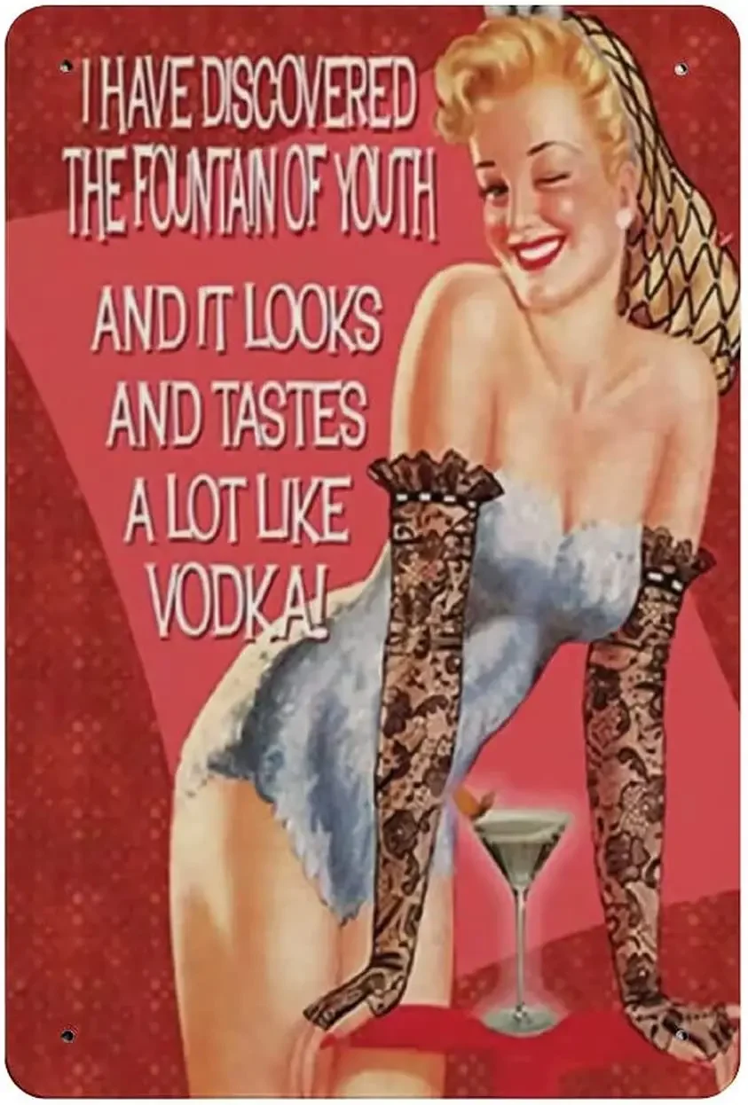 Fountain Of Youth Vodka, Funny Girl Drink Metal Tin Sign, Vintage Plaque Poster Garage Bar Home Wall Decor 8 X 12 Inches