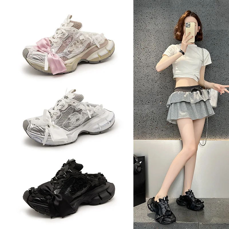 

Paris Home Lace Knot Half Slip Thick Bottom Heightening Dad Shoes Women's Mesh Breathable Casual Sports Shoes Trendy