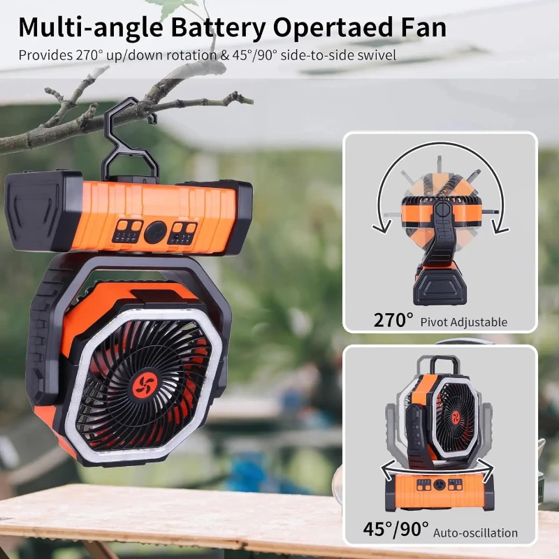 3-in-1 camping fan, camping fan with LED lights and remote control, 10000mAh portable camping fan, suitable for outdoor tents