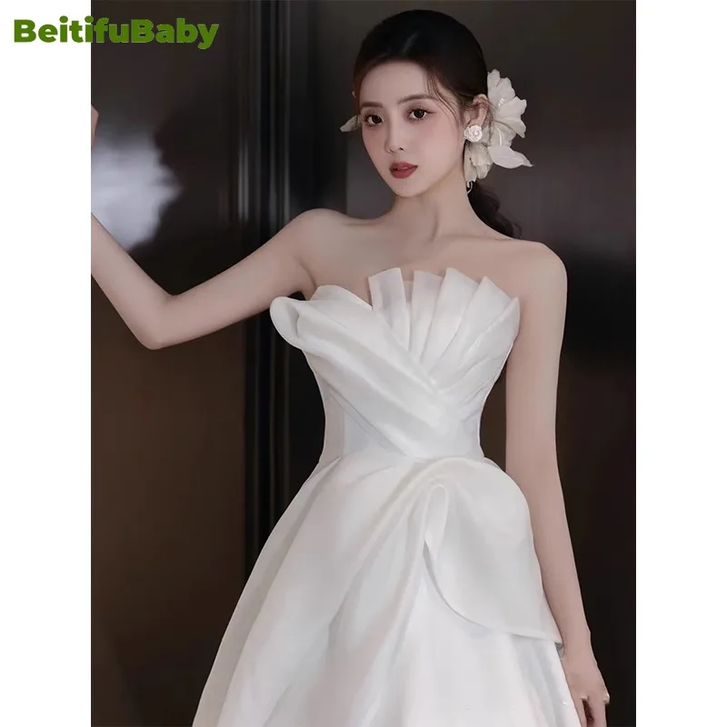 BeitifuBaby gaun pernikahan gaya Perancis untuk wanita, gaun pengantin mewah ringan tanpa tali pita Organza elegan untuk wanita