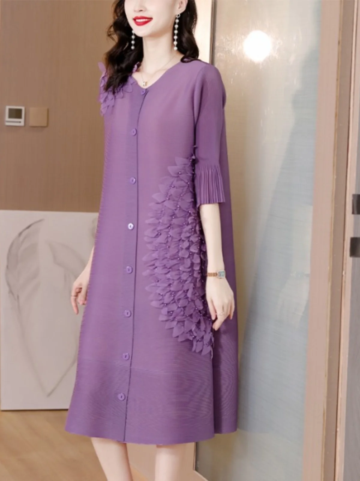 Ele Folded 3D Floral Dr Cardigan Sle Midi Skirt for Autumn Season High End Faion Design A-Line Silhouette V-Ne