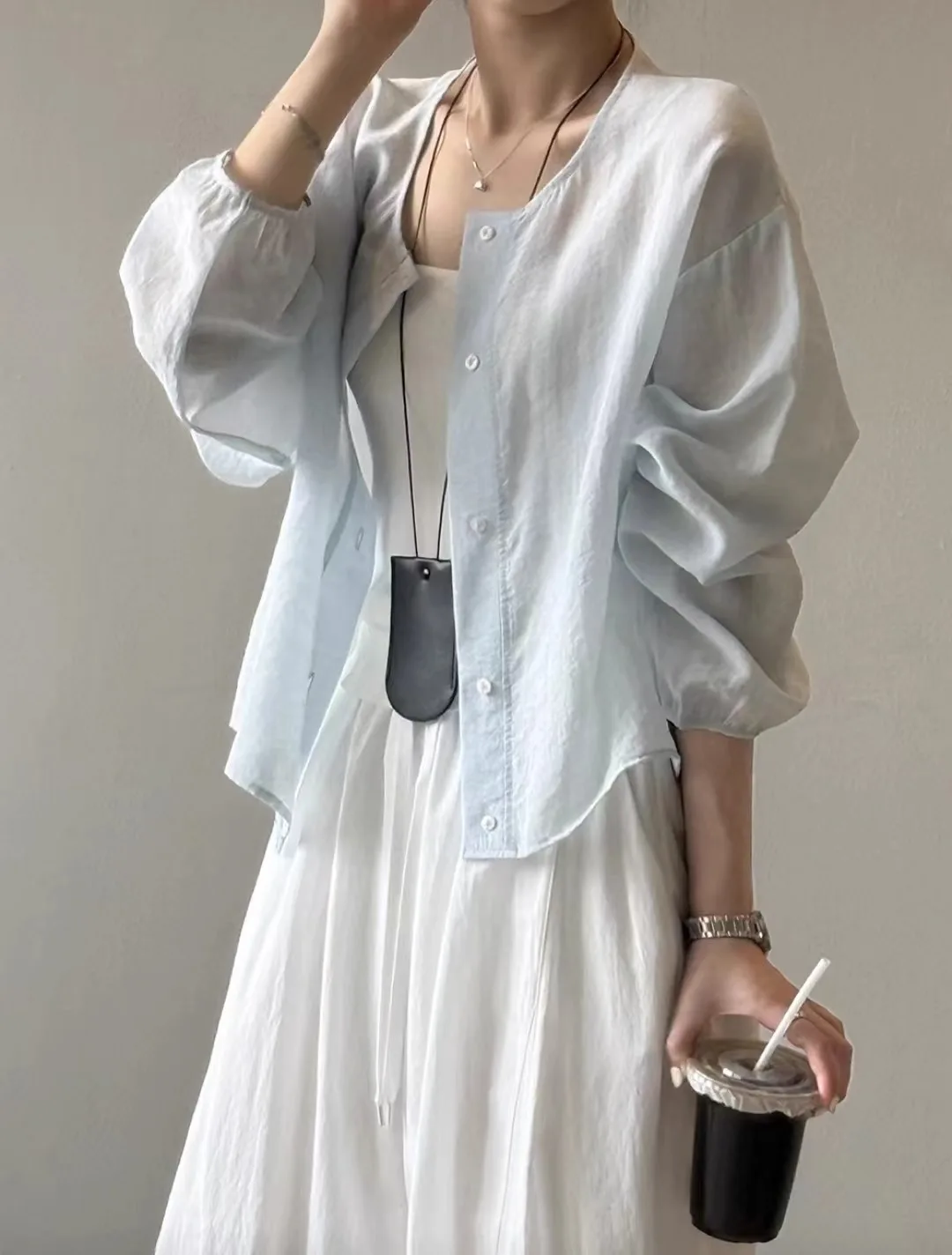 Blu Nuovo Cinese Sle Chic Estate delle Donne irt Sottile Tuta Sportiva Protezione Solare Luce Lungo Sve rotondo Ne Button up Casual Top