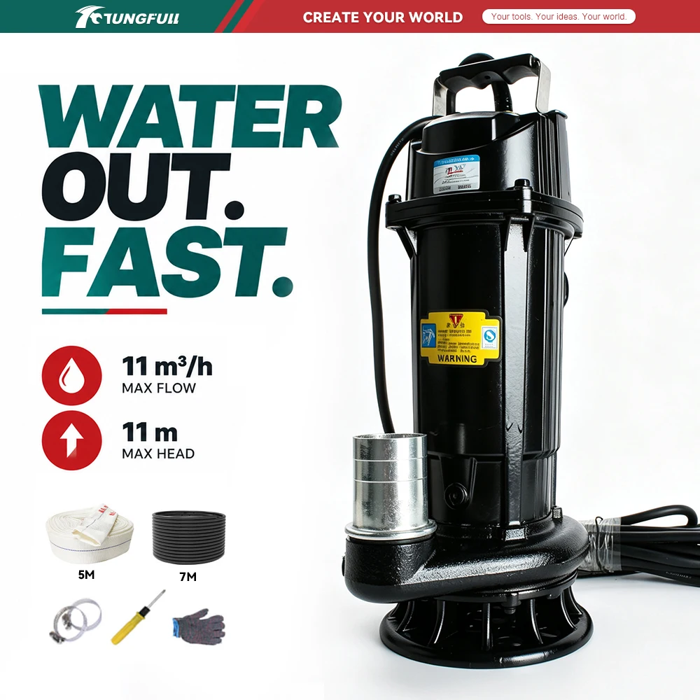 Electric Submersible Sewage Sump Pump High Head Dirty Water Drain Pump with Hose For Basement Septic Tank Sewage Treatment
