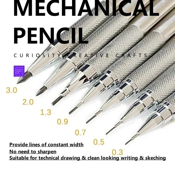 

0.3 0.5 0.7 0.9 1.3 2.0mm Mechanical Automatic Pencil Set With Leads Metal Art Drawing Sketching Painting Office School Supplies