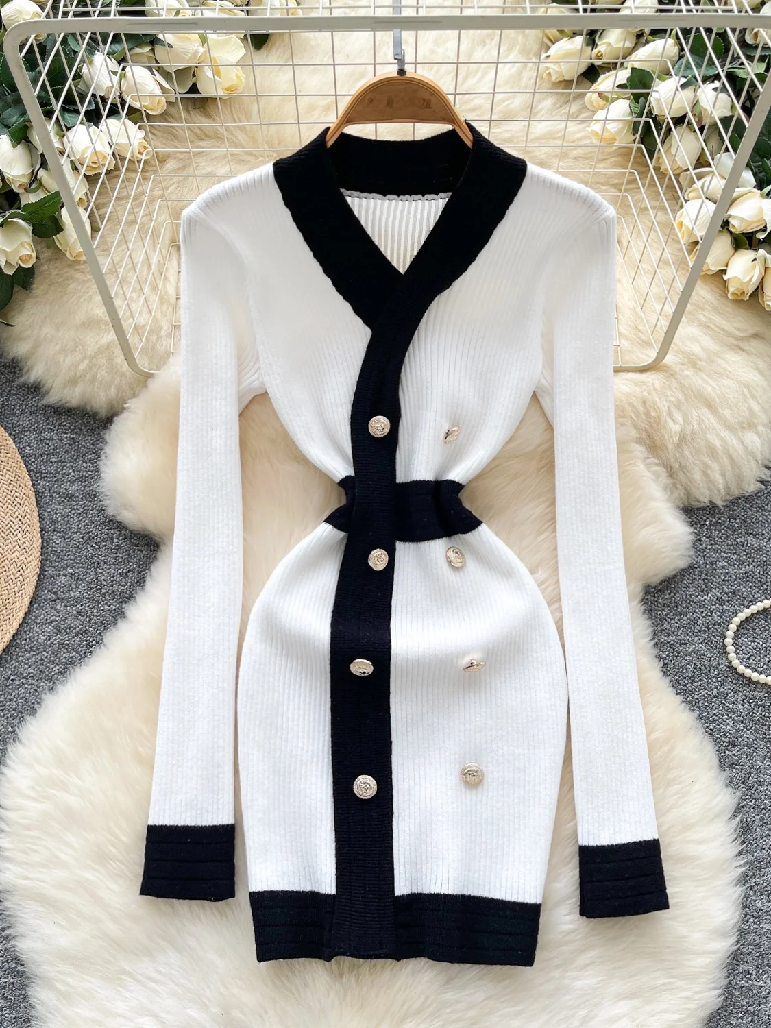 Ele v-ne longue Sve tricoté Wrap Dr femme taille haute coupe ajustée Ci trajet Dr Double bouton fermeture jupe moulante