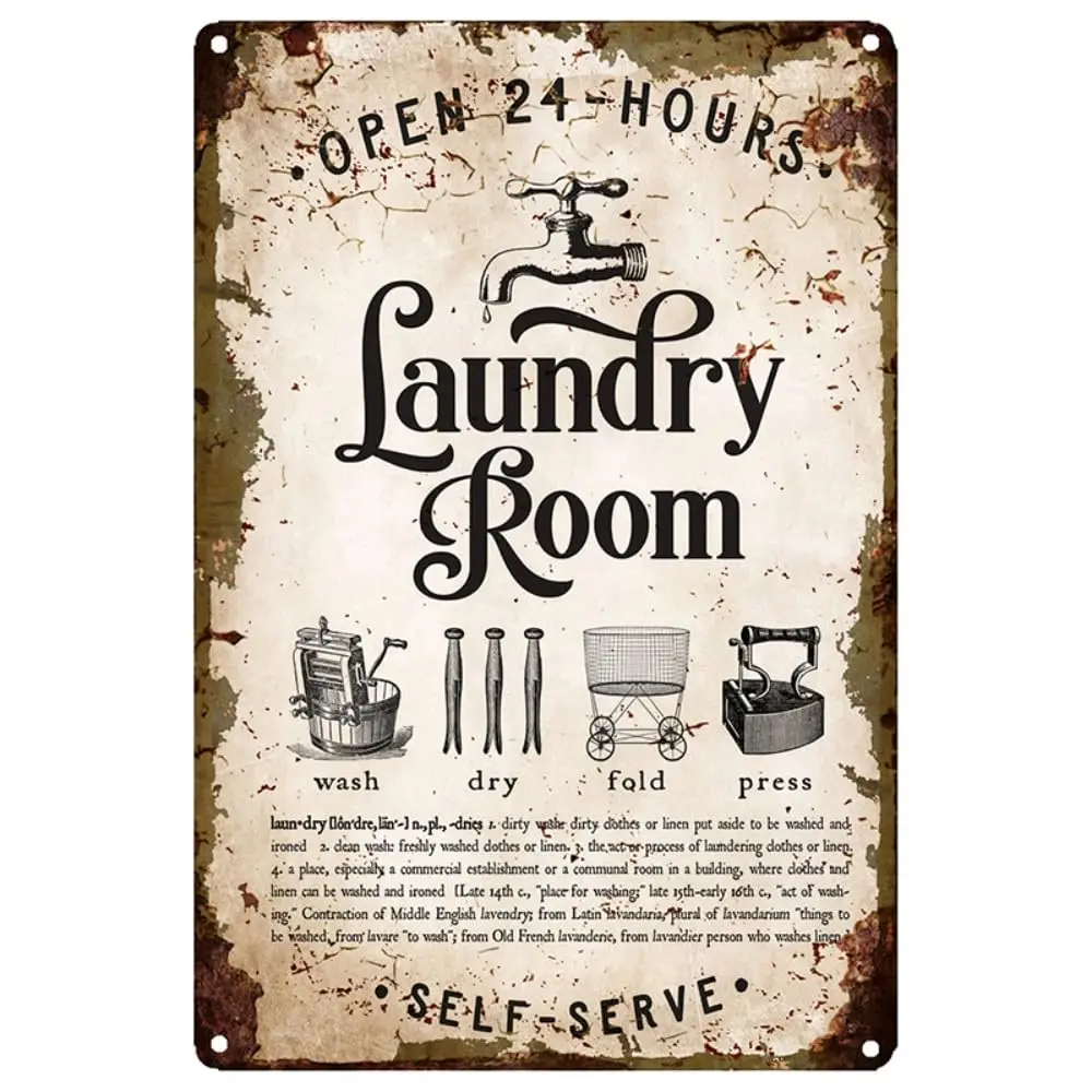 Retro Laundry Room 24-Hours Self-Serve Metal Thick Tin Sign Wall Decor 12