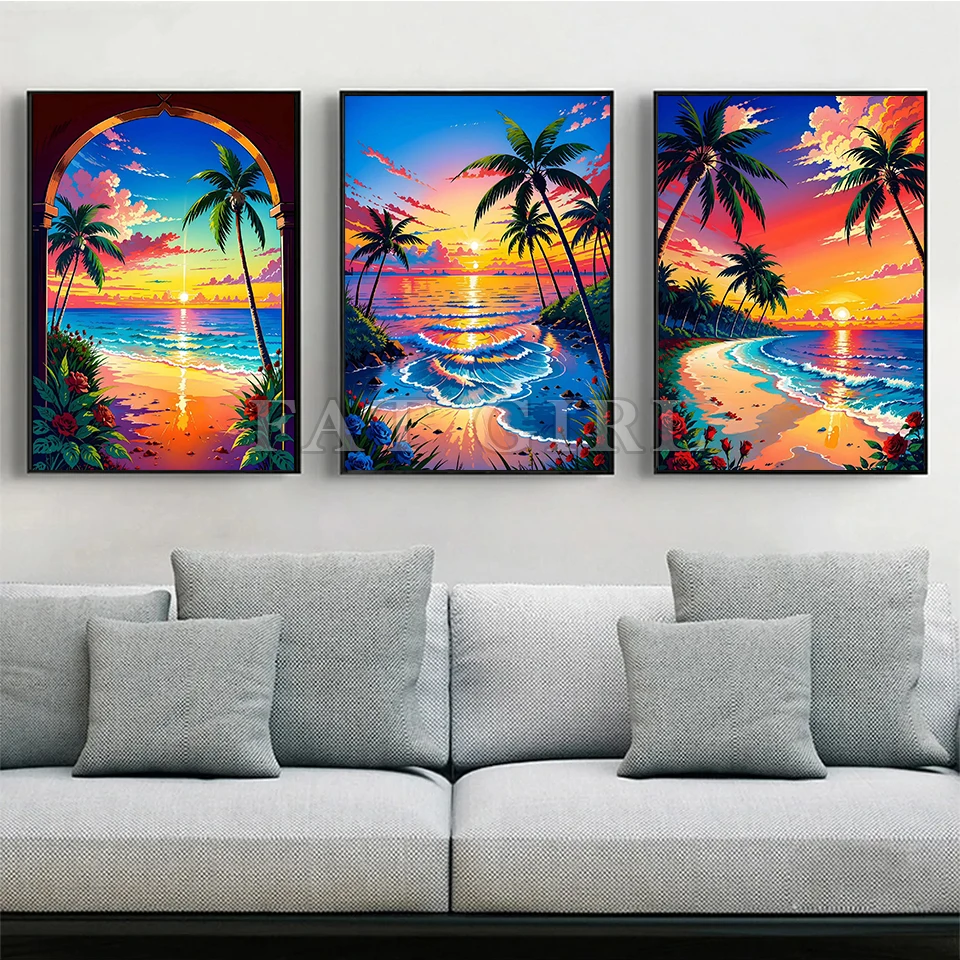 Full Display New Diamond Painting Pictures Beach Coconut Tree Scenery Diamond Embroidery Dream Setting Sun Handmade Home Decor