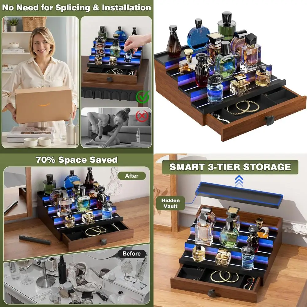 

4-Tier Wooden Men's Cologne Organizer with LED Light, Storage Shelf for Perfumes, Lotion, and Jewelry