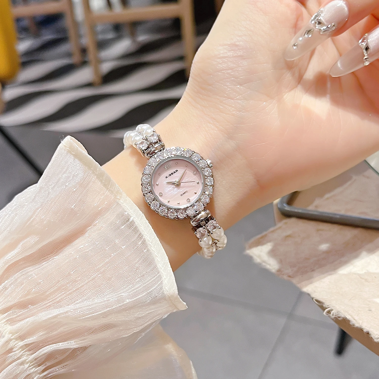 Luxury Quartz Watch for Women Mother of Pearl Dial Full Diamond Bezel Double Layer Pearl Bracelet Strap