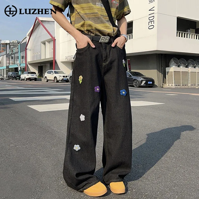 

LUZHEN Cute Pattern Patchwork Embroidery Straight Casual Jeans Men's 2025 New Streetwear Loose Wide Leg Denim Pants Male JY2773