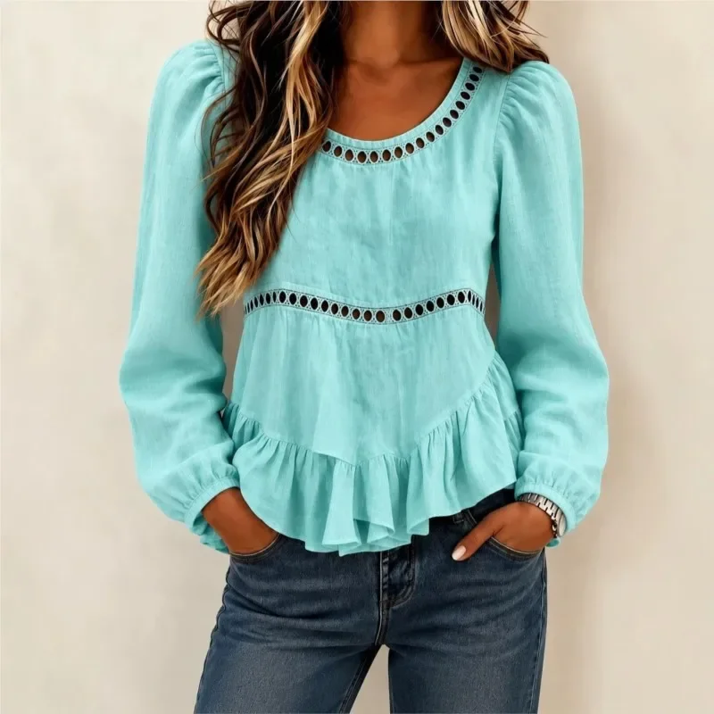 Womens Boho Long Sleeve Tops Cotton Linen Shirts Round Neck Casual Loose Fit Blouses 2026 Autumn Trendy Women Basic Top