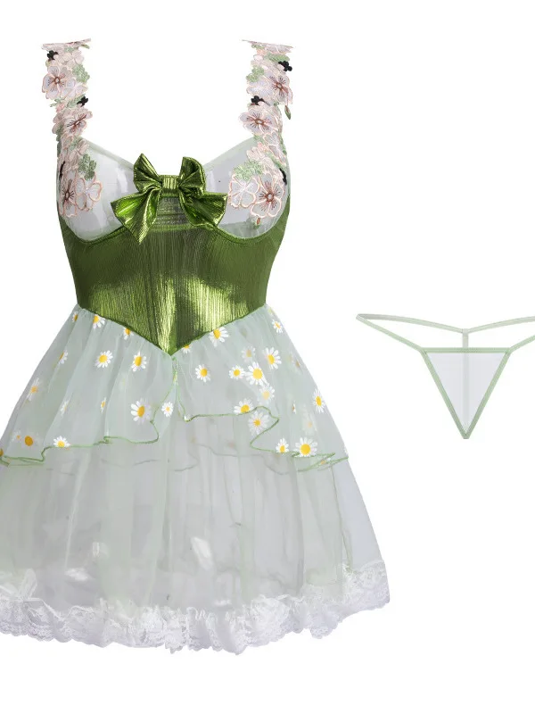 Maglia verde fata abito trasparente sexy sognante margherita principessa soffice romantico floreale corto camicia da notte mini abito elegante KJNO