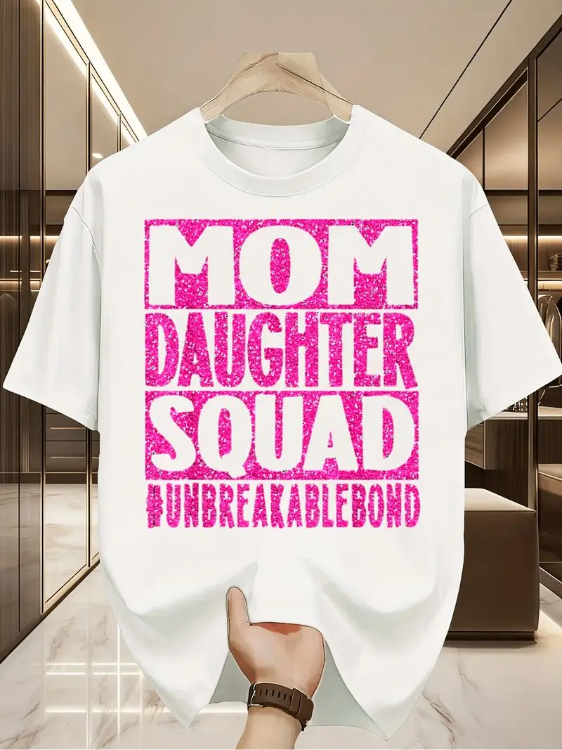 Unbreakable Bond Mom Daughter Matching T-Shirts Pink Glitter Lettering Breathable Round Neck Short Sleeve Shirts Perfect Birthda