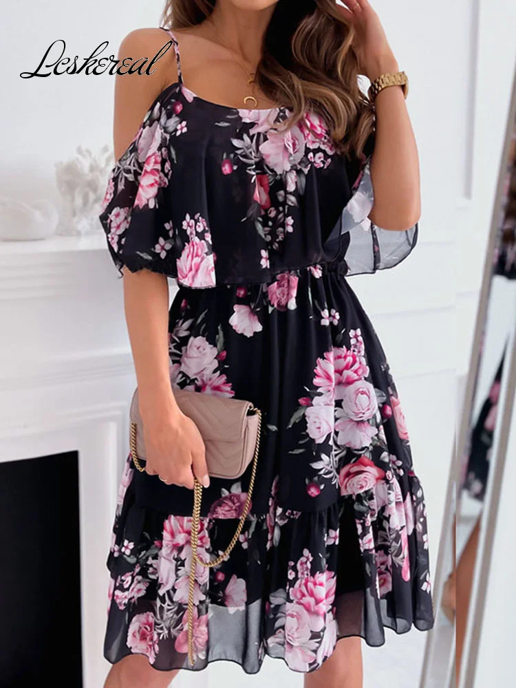 

Sexy Off Shoulder Floral Chiffon Mini Women Dress 2022 Summer Short Sleeve Casual White Ruffles Dresses For Women Robe Femme