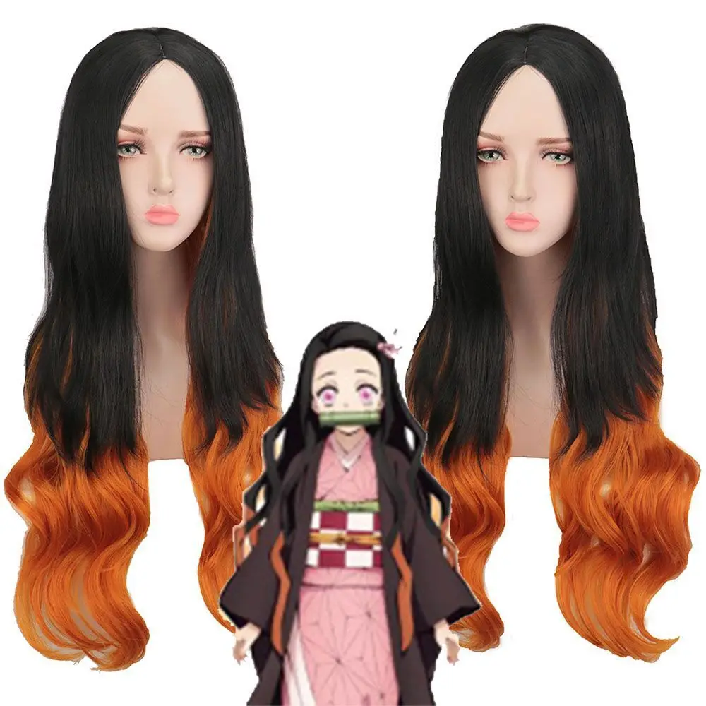 

Kamado Nezuko Cosplay Wig 95cm Long Curly Black Orange Brown Gradient Ombre Hair Heat Resistant Synthetic Anime Wigs + Wig Cap