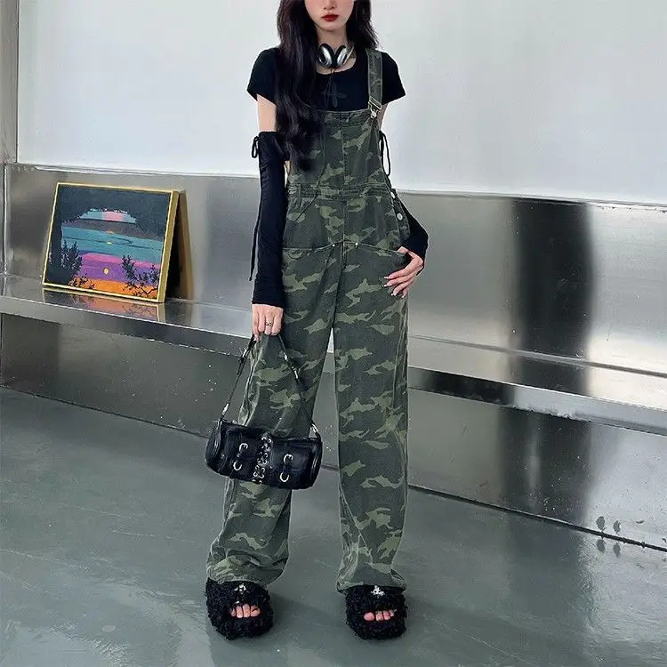 Braces Trousers Camouflage High-Waisted American Retro Design Niche Women'S Autumn Ins New Straight-Leg Jumpsuit Trendy