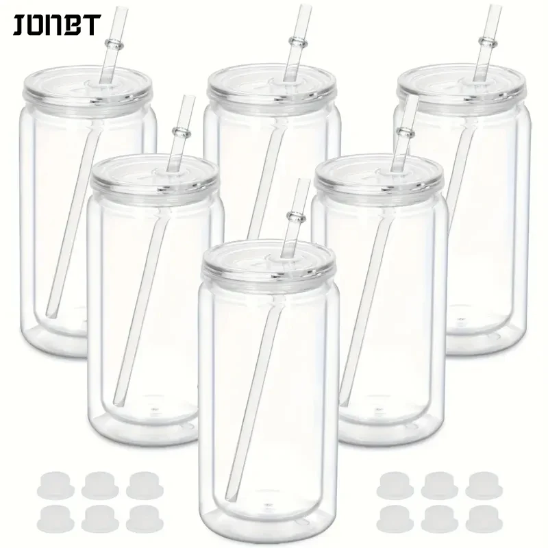 

6 шт., 16 унций, пластиковые соломенные бутылки для воды с двойными стенками и крышками, изолированные DIY снежки, посуда для напитков, офиса, кемпинга и вечеринки, многоразовая чашка