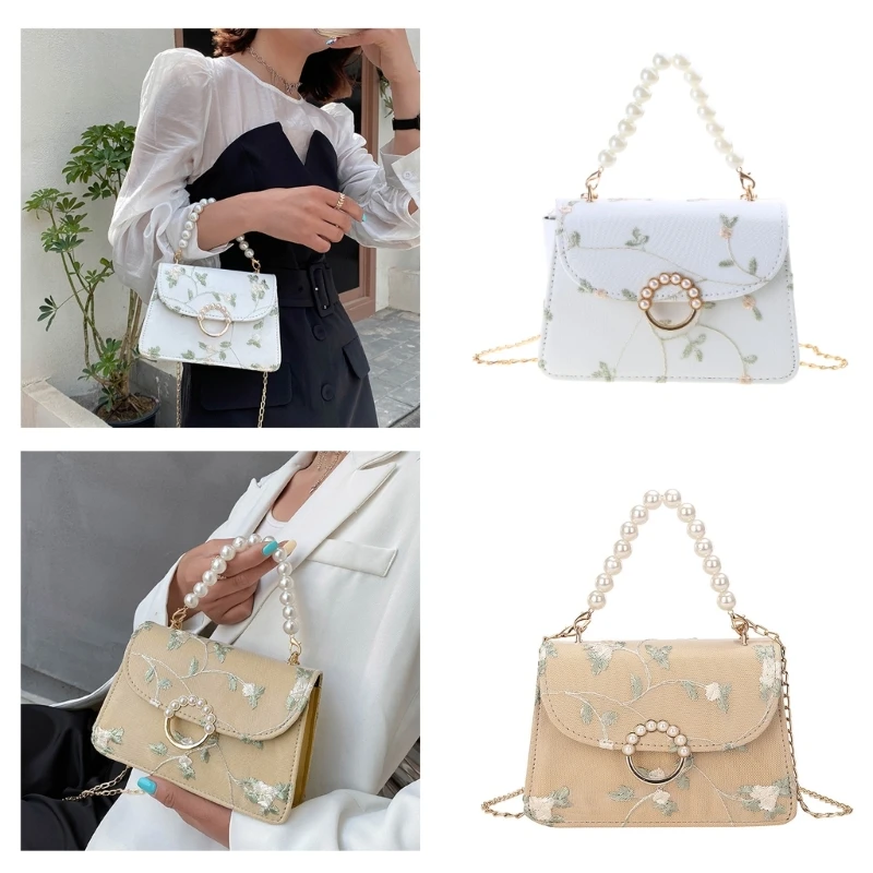 Floral Embroidery Mini Flap Handbag Shoulder Crossbody Bag for Women and Girls