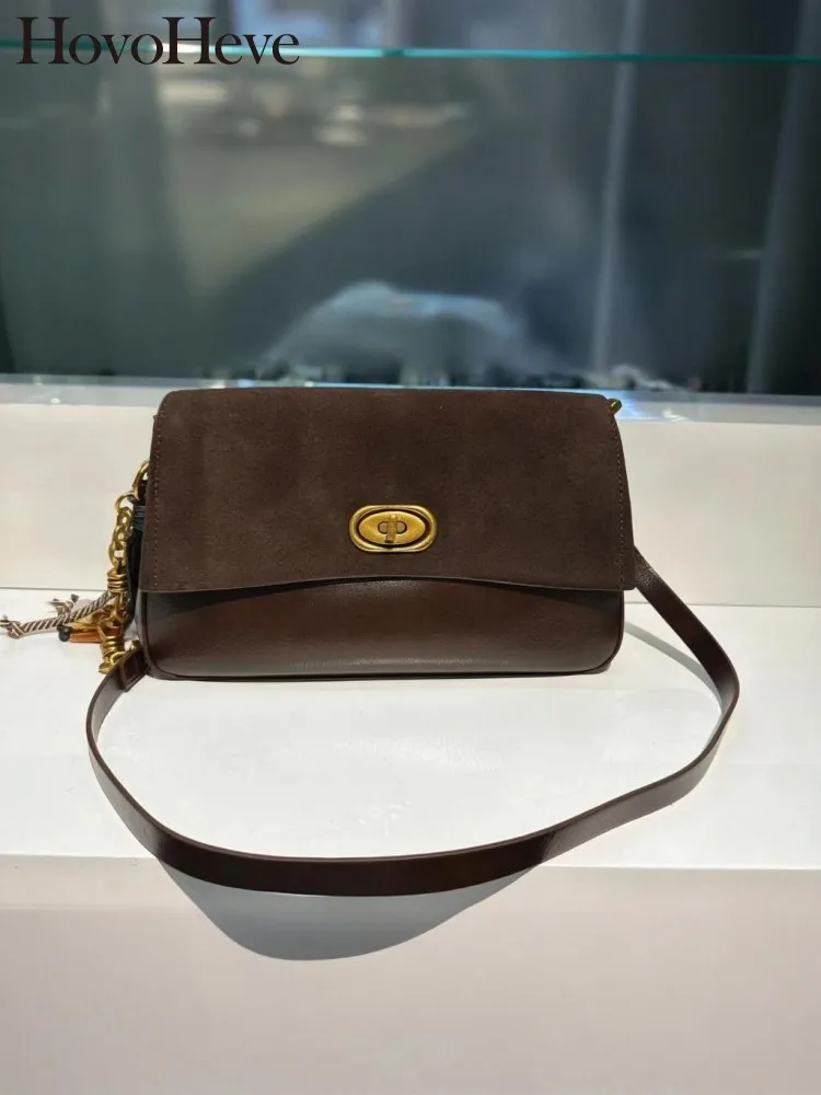 Leisure Solid Color Pendant Rectangle Suede Leather Shoulder Bags Concise Buckle Strap Handbag Fashion Female Crossbody Bag