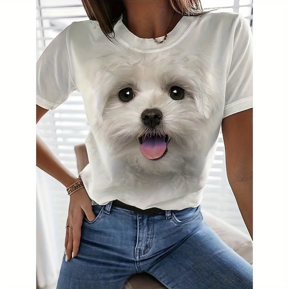 

Puppy Print Crew Neck T-Shirt, Casual Short Sleeve Top For Spring & Summer, Women's Clothing