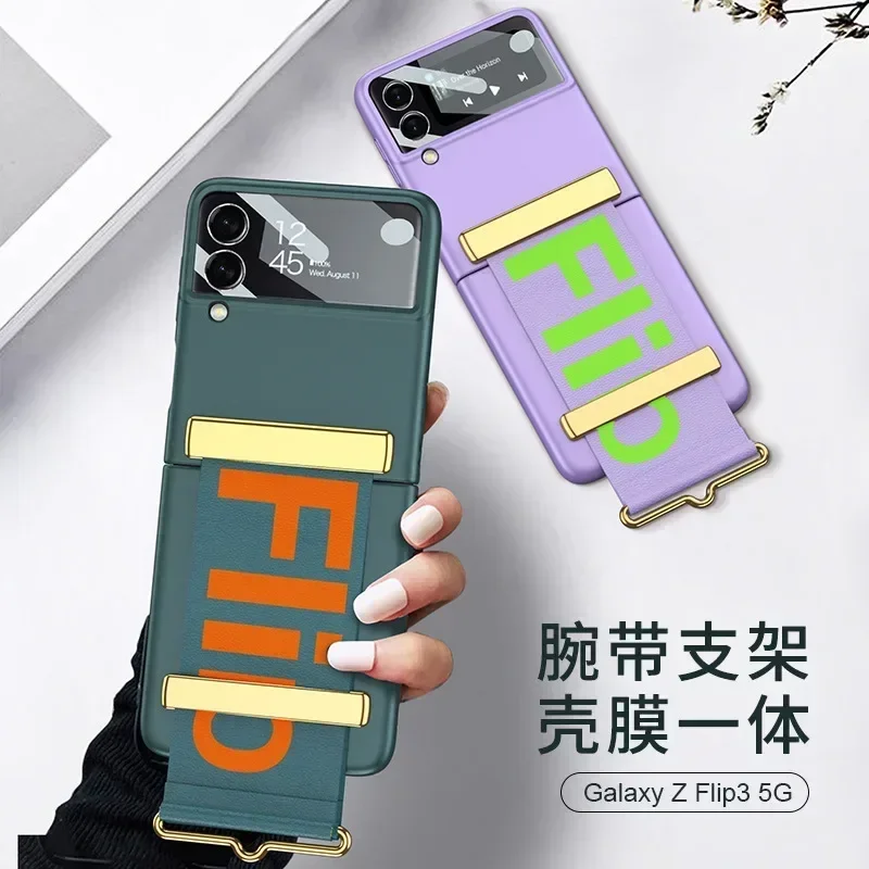 Leather Wrist Strap Electroplating Hardware  Phone Case For Galaxy Samsung Z Flip 5 4 3 Case With Shell Film Invisible Bracket